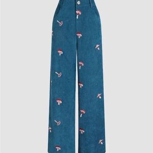 Blue Corduroy Mushroom Print Wide Leg Pants | Teal Blue | Size Medium
